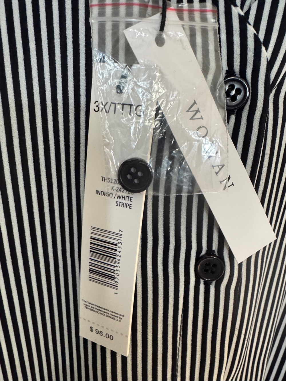 PLUS SIZE T Tahari Black & White Vertical Stripe Button-Front Blouse - Picture 3 of 7
